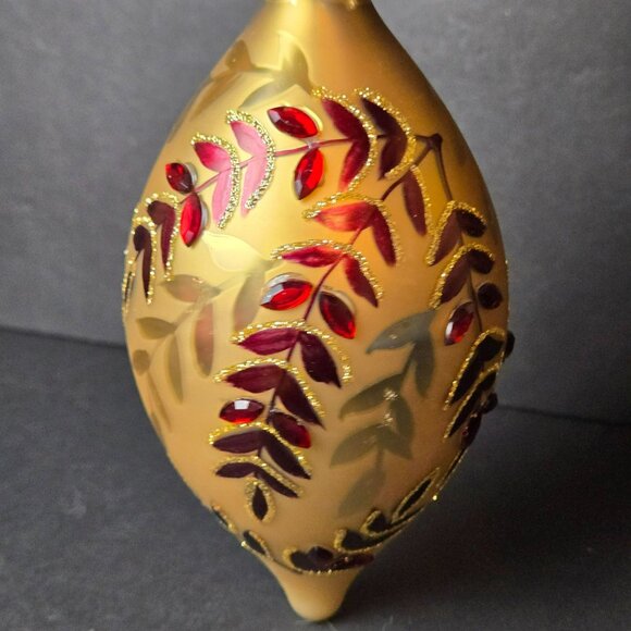Frontgate Gold Red Jeweled Teardrop Ornament Handpainted Glitter Leaf Scroll 6" - Picture 3 of 7